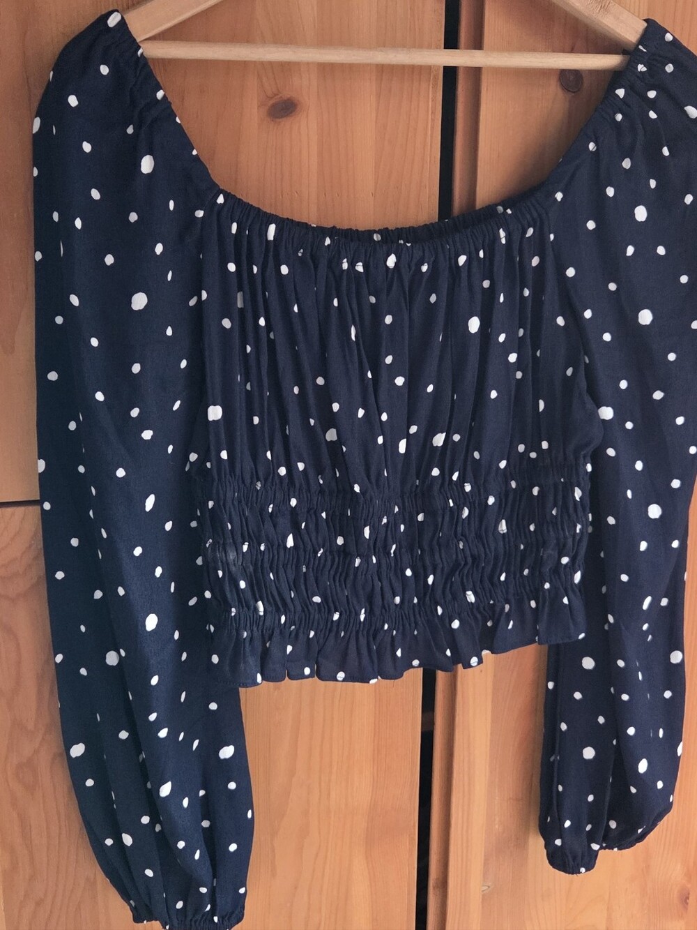 Astr Navy Blue Polka Dot Cropped Long Sleeve Top Size Small